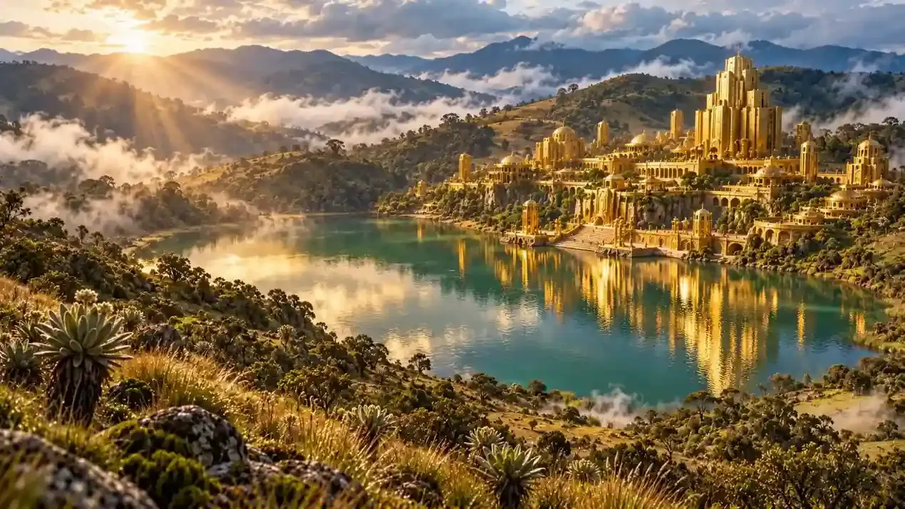 La ciudad dorada de El Dorado al amanecer, entre montañas y cascadas